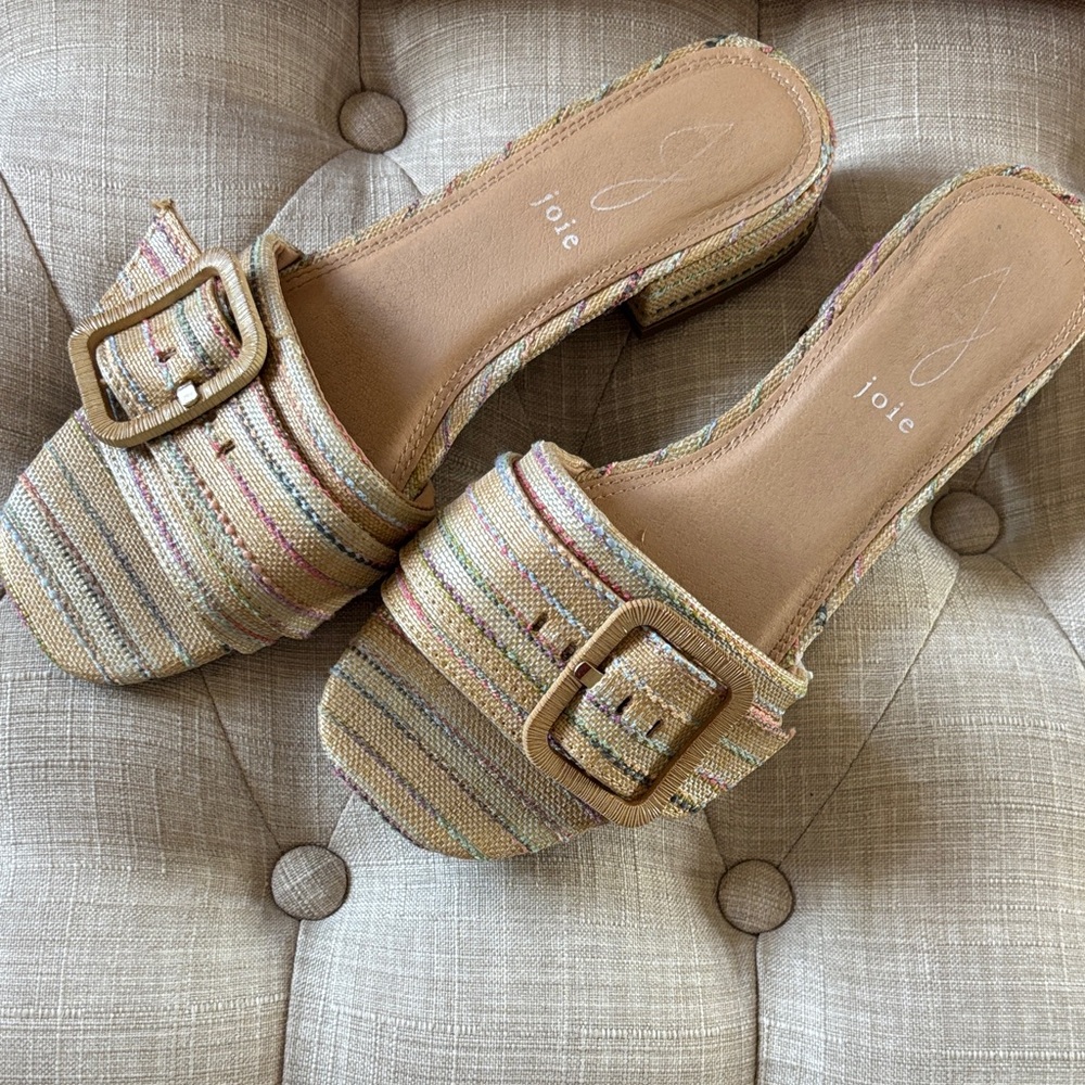 Joie Beige Multi-Striped Buckle Slide Sandals